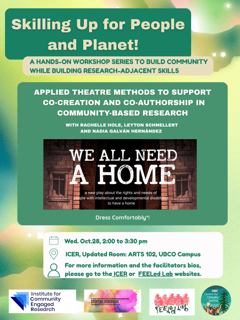 Skilling up Series info poster with event details and an image showing a comic of two buildings with the text "We all need a home"